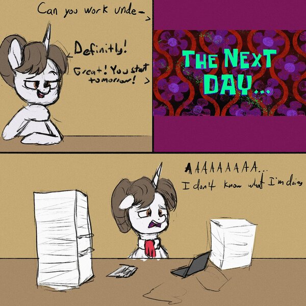 Size: 2000x2000 | Tagged: safe, artist:dummyhorse, derpibooru import, raven, unicorn, computer, hair bun, image, job interview, jpeg, laptop computer, lying, necktie, paperwork, reference, secretary, spongebob reference, spongebob squarepants, this will end in tears