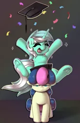 Size: 1059x1614 | Tagged: safe, artist:llametsul, derpibooru import, bon bon, lyra heartstrings, sweetie drops, earth pony, pony, unicorn, annoyed, atg 2021, bon bon is not amused, chest fluff, confetti, couple, female, graduation cap, hat, horn, image, lesbian, lyrabon, mare, newbie artist training grounds, open mouth, open smile, png, shipping, smiling, sparkles, unamused, underhoof