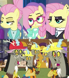 Size: 2732x3072 | Tagged: safe, derpibooru import, edit, edited screencap, screencap, discord, fluttershy, draconequus, pony, discordant harmony, fake it 'til you make it, alternate hairstyle, discord crew, discoshy, expressions, female, fluttergoth, glasses, goth, hard hat, hipstershy, image, male, png, safety vest, severeshy, shipping, shipping domino, straight
