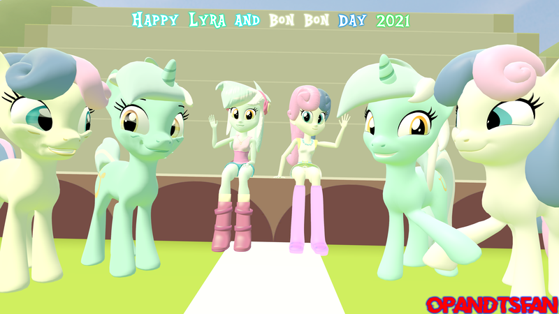 Size: 3840x2160 | Tagged: safe, artist:optimussparkle, derpibooru import, bon bon, lyra heartstrings, sweetie drops, alicorn, earth pony, equestria girls, 3d, image, lyra and bon bon day, older bon bon, older lyra heartstrings, png, self ponidox, source filmmaker