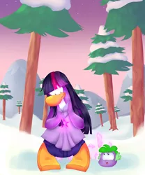 Size: 1500x1800 | Tagged: safe, artist:mini-chazz, derpibooru import, spike, twilight sparkle, bird, penguin, club penguin, crossover, crystal, female, image, male, pine tree, png, puffle, snow, tree