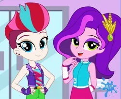Size: 1280x1050 | Tagged: safe, artist:rjp.rammy, derpibooru import, pipp petals, zipp storm, equestria girls, belt, clothes, duo, ear piercing, earring, equestria girls-ified, eyeshadow, female, fingerless gloves, g5, gloves, image, jeans, jewelry, jpeg, makeup, necklace, open mouth, pants, piercing, siblings, sisters, skirt, sleeveless, tanktop, vest