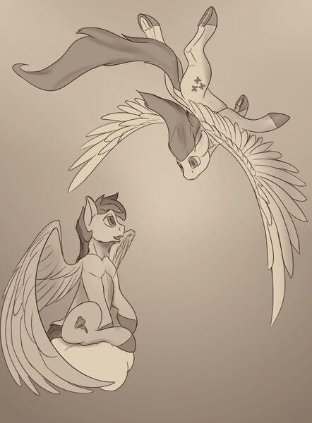 Size: 1280x1737 | Tagged: safe, artist:tenebrisnoctus, derpibooru import, fluttershy, rainbow dash, pegasus, pony, cloud, duo, female, flying, image, jpeg, mare, on a cloud, sepia, sitting, sitting on cloud, spread wings, wings