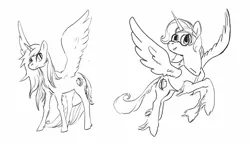 Size: 1553x894 | Tagged: safe, artist:spectralunicorn, derpibooru import, oc, oc:nyx, unofficial characters only, alicorn, classical unicorn, pony, unicorn, black and white, clothes, cloven hooves, female, filly, glasses, grayscale, image, jpeg, leonine tail, monochrome, solo, spread wings, unshorn fetlocks, vest, wings