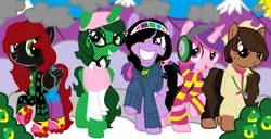 Size: 905x464 | Tagged: artist needed, safe, artist:samm56641, derpibooru import, oc, oc:samm56641, ponified, unnamed oc, alicorn, earth pony, pegasus, pony, unicorn, aunt arctic, base used, cadence (club penguin), clothes, club penguin, freckles, image, png, puffle handler