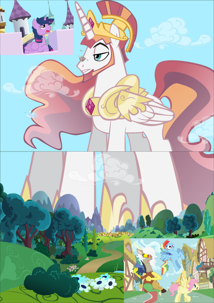 Size: 2061x2909 | Tagged: safe, artist:brutalityinc, artist:trotsworth, derpibooru import, discord, fluttershy, princess celestia, rainbow dash, twilight sparkle, alicorn, draconequus, pegasus, pony, butterscotch, canterlot, dusk shine, eris, female, giant alicorn, giant pony, giga mega giant, image, macro, male, mega giant, png, ponyville, prince solaris, rainbow blitz, rule 63, stallion, story included