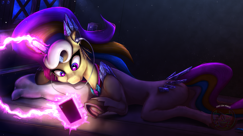 Size: 1536x864 | Tagged: safe, artist:calena, derpibooru import, oc, oc:trinity deblanc (new), unofficial characters only, crystal pony, original species, unicorn, adorable face, bed, crystal, crystal horn, cute, ear piercing, earbuds, frog (hoof), headphones, hooves, horn, image, jewelry, light, lying down, magic, male, mobile phone, multicolored hair, multicolored mane, multicolored tail, new design, night, original character do not steal, phone, piercing, pillow, png, redesign, smartphone, solo, underhoof, window