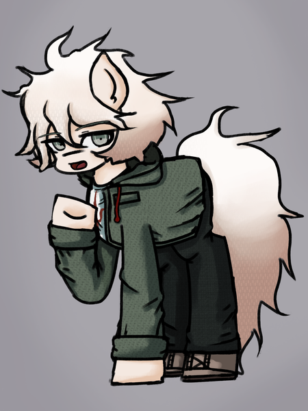 Size: 1500x2000 | Tagged: safe, artist:menalia, derpibooru import, ponified, earth pony, pony, clothes, danganronpa, danganronpa 2, hoodie, image, lineart, male, nagito komaeda, pants, png, shirt, shoes, stallion, style emulation, t-shirt