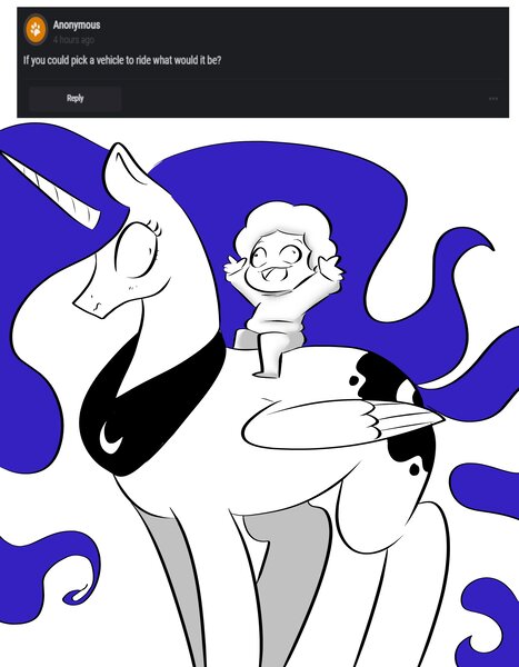 Size: 3186x4096 | Tagged: safe, artist:el's doodles, derpibooru import, princess luna, alicorn, human, pony, chibi, curiouscat, female, humans riding ponies, image, jpeg, looking back, mare, peytral, riding, smiling, surprised