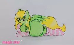 Size: 2340x1440 | Tagged: safe, artist:magic star, derpibooru import, oc, oc:horsewhite, pegasus, blushing, clothes, image, jpeg, looking at you, pregnant, socks