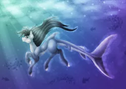 Size: 2400x1700 | Tagged: safe, artist:yazmen10, derpibooru import, oc, unofficial characters only, fish, hybrid, original species, shark, shark pony, black mane, bubble, crepuscular rays, dorsal fin, fish tail, flowing mane, flowing tail, image, ocean, png, smiling, solo, sunlight, swimming, tail, underwater, water, yellow eyes