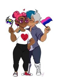 Size: 1700x2200 | Tagged: safe, artist:theartfox2468, derpibooru import, oc, oc:elizabat stormfeather, oc:venus red heart, unofficial characters only, human, bisexual pride flag, blushing, boots, clothes, converse, dark skin, elf ears, eyes closed, female, glasses, heart, heart eyes, holding a flag, hug, humanized, humanized oc, image, jeans, kissing, kiss on the cheek, lesbian, nail polish, oc x oc, open mouth, pants, png, pride, pride flag, shipping, shirt, shoes, simple background, straight ally flag, transparent background, t-shirt, wingding eyes
