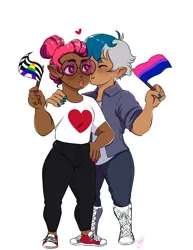 Size: 1700x2200 | Tagged: safe, alternate version, artist:theartfox2468, derpibooru import, oc, oc:elizabat stormfeather, oc:venus red heart, unofficial characters only, human, bisexual pride flag, blushing, boots, clothes, converse, dark skin, elf ears, eyes closed, female, glasses, heart, heart eyes, holding a flag, hug, humanized, humanized oc, image, jeans, kissing, kiss on the cheek, lesbian, nail polish, oc x oc, open mouth, pants, png, pride, pride flag, shipping, shirt, shoes, simple background, straight ally flag, t-shirt, white background, wingding eyes