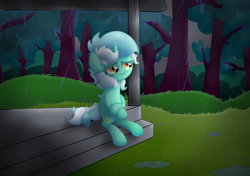 Size: 6015x4236 | Tagged: safe, artist:background basset, derpibooru import, lyra heartstrings, pony, unicorn, female, image, lonely, png, rain, sad, sitting, solo