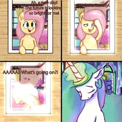 Size: 2000x2000 | Tagged: safe, artist:dummyhorse, derpibooru import, fluttershy, princess celestia, princess luna, alicorn, pegasus, pony, atg 2021, blinded by the light, comic, eyes closed, image, newbie artist training grounds, onomatopoeia, png, praise the sun, sleepy, sound effects, sunshine, this will end in blindness, this will end in fire, zzz
