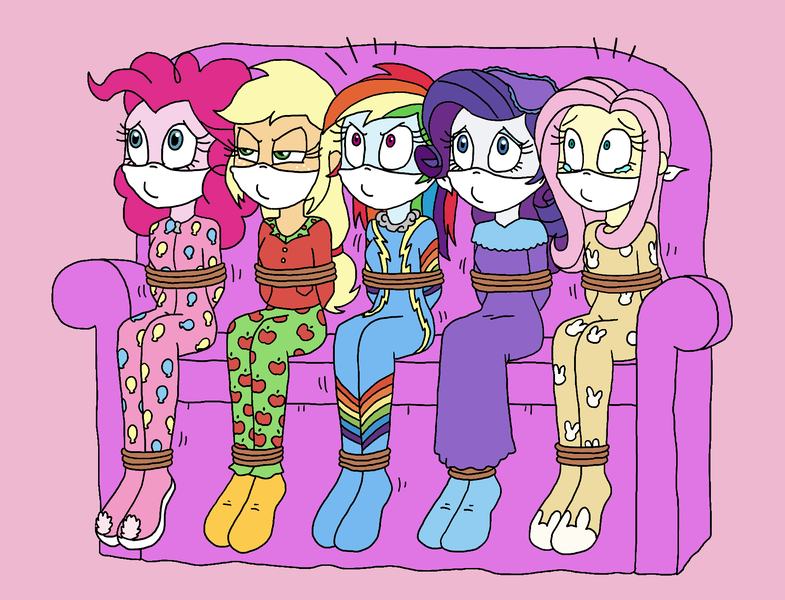 Size: 1768x1351 | Tagged: safe, artist:bugssonicx, derpibooru import, applejack, fluttershy, pinkie pie, rainbow dash, rarity, equestria girls, bondage, bound and gagged, cloth gag, clothes, couch, emanata, footed sleeper, gag, humane five, image, nightgown, pajamas, png, rope, rope bondage, sitting, teary eyes, tied up