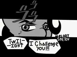 Size: 1528x1140 | Tagged: safe, artist:melodysketch, derpibooru import, trixie, pony, unicorn, black and white, grayscale, image, is that a jojo reference?, jojo reference, jojo's bizarre adventure, jpeg, looking at you, manga style, monochrome, offscreen character, signature, solo, speech bubble