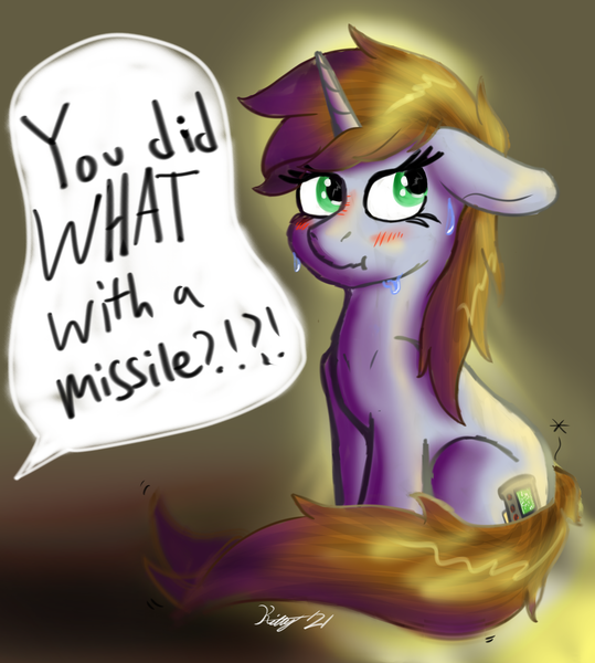 Size: 6600x7351 | Tagged: suggestive, artist:kalashnikitty, derpibooru import, oc, oc:littlepip, pony, unicorn, fallout equestria, :t, blushing, floppy ears, image, implied insertion, implied vaginal insertion, looking away, pain star, png, sitting, sweat, sweatdrops, text