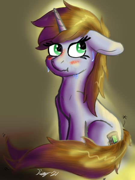 Size: 5140x6861 | Tagged: safe, alternate version, artist:kalashnikitty, derpibooru import, oc, oc:littlepip, pony, unicorn, fallout equestria, :t, blushing, floppy ears, image, implied insertion, implied vaginal insertion, looking away, pain star, png, sitting, sweat, sweatdrops