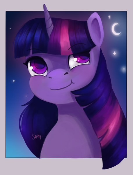 Size: 2468x3240 | Tagged: safe, artist:saphypone, derpibooru import, twilight sparkle, pony, unicorn, bust, cute, female, high res, image, looking up, mare, moon, night, png, portrait, signature, sky, smiling, solo, stars, twiabetes, unicorn twilight