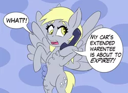 Size: 1500x1094 | Tagged: safe, artist:sufficient, derpibooru import, derpy hooves, pony, background, image, phone, png, scam, solo, spread wings, text, wings