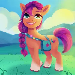 Size: 4096x4096 | Tagged: safe, artist:saphypone, derpibooru import, sunny starscout, earth pony, pony, absurd resolution, bag, braid, cloud, coat markings, cute, female, g5, grass, image, jpeg, looking at you, mare, mountain, open mouth, signature, sky, socks (coat marking), solo, sunnybetes, unshorn fetlocks