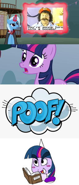 Size: 1192x2800 | Tagged: safe, artist:mega-poneo, artist:plastiware, derpibooru import, edit, edited screencap, screencap, trixie, twilight sparkle, human, unicorn, magic duel, alicorn amulet, book, comic, crossover, goombafied, image, lou albano, male, mario, png, screencap comic, species swap, the super mario bros super show, transformation