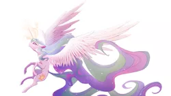 Size: 1280x721 | Tagged: safe, artist:mochimi92, derpibooru import, princess celestia, alicorn, pony, female, floppy ears, flying, glowing horn, horn, image, jpeg, mare, profile, simple background, solo, spread wings, white background, wings