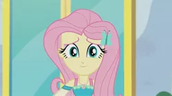 Size: 1920x1078 | Tagged: safe, derpibooru import, edit, edited screencap, screencap, fluttershy, butterfly, insect, equestria girls, equestria girls series, outtakes (episode), accessories, image, jewelry, jpeg, looking at you, necklace, smiling, solo