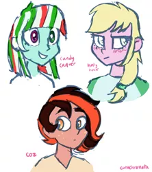 Size: 500x563 | Tagged: safe, artist:catachromatic, derpibooru import, oc, oc:candy canter, oc:coz, oc:hollyhock, unofficial characters only, equestria girls, blushing, colored sketch, ear blush, equestria girls-ified, female, freckles, heterochromia, image, male, png, simple background, white background