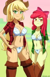 Size: 720x1100 | Tagged: suggestive, artist:riouku, derpibooru import, apple bloom, applejack, equestria girls, apple bloom's bow, apple sisters, applejack's hat, bedroom eyes, belly button, blushing, boots, bow, bra, breasts, busty apple bloom, busty applejack, cleavage, clothes, cowboy boots, cowboy hat, duo, duo female, female, females only, flannel, hair bow, hat, image, older, older apple bloom, panties, png, shirt, shoes, siblings, sisters, smiling, underwear