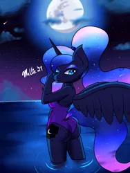 Size: 900x1200 | Tagged: safe, artist:melliedraws, derpibooru import, princess luna, alicorn, anthro, breasts, butt, clothes, full moon, image, moon, moonbutt, one-piece swimsuit, png, swimsuit