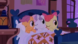 Size: 1280x720 | Tagged: safe, derpibooru import, screencap, apple bloom, scootaloo, sweetie belle, earth pony, pegasus, pony, unicorn, season 1, stare master, adorabloom, apple bloom's bow, bed, blanket, bow, cute, cutealoo, cutie mark crusaders, diasweetes, female, filly, fluttershy's cottage, hair bow, image, night, one eye closed, png
