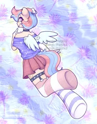 Size: 3102x3984 | Tagged: safe, artist:angie imagines, derpibooru import, oc, oc:cool ginger, unofficial characters only, anthro, :p, choker, clothes, ear piercing, earring, femboy, floating wings, garter belt, heart, heart eyes, image, jewelry, jpeg, male, mismatched socks, multicolored hair, nonbinary, piercing, pink eyes, simple background, skirt, socks, solo, thigh highs, tongue out, transgender, wingding eyes, wings