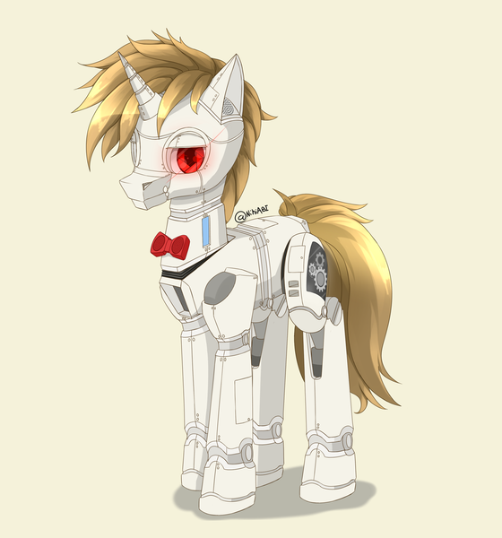 Size: 2800x3000 | Tagged: safe, artist:nihithebrony, derpibooru import, oc, pony, robot, robot pony, unicorn, colored background, colored pupils, emotionless, glowing eyes, image, looking at you, male, original art, original character do not steal, png, red eyes, ribbon, simple background, stallion