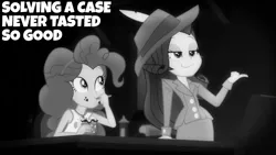 Size: 1920x1080 | Tagged: safe, derpibooru import, edit, edited screencap, editor:quoterific, screencap, pinkie pie, rarity, equestria girls, equestria girls series, rarity investigates: the case of the bedazzled boot, black and white, clothes, cutie mark, cutie mark on clothes, duo, duo female, eating, female, geode of sugar bombs, grayscale, image, magical geodes, monochrome, png, rarity investigates (eqg): pinkie pie, smiling, tanktop