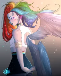 Size: 1080x1350 | Tagged: safe, artist:maygeoh, derpibooru import, rainbow dash, human, alternative cutie mark placement, arm behind back, facial cutie mark, female, humanized, image, png, solo, winged humanization, wings