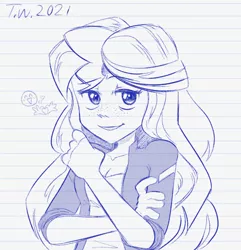 Size: 1040x1080 | Tagged: safe, artist:beefgummies, derpibooru import, sunset shimmer, equestria girls, friendship games, arms folded, breasts, cleavage, clothes, cute, female, freckles, fringe, image, jacket, jpeg, lined paper, looking at you, rolled up sleeves, shiny eyes, smiling, solo