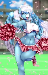 Size: 1574x2440 | Tagged: suggestive, artist:horny-pony, derpibooru import, oc, oc:freezing blizzard, unofficial characters only, anthro, pegasus, armpits, breasts, cheerleader, cheerleader outfit, clothes, confetti, ear piercing, female, freckles, highlights, image, jpeg, looking at you, piercing, pom pom, sideboob, solo, solo female, stadium, sticking tongue out, underboob