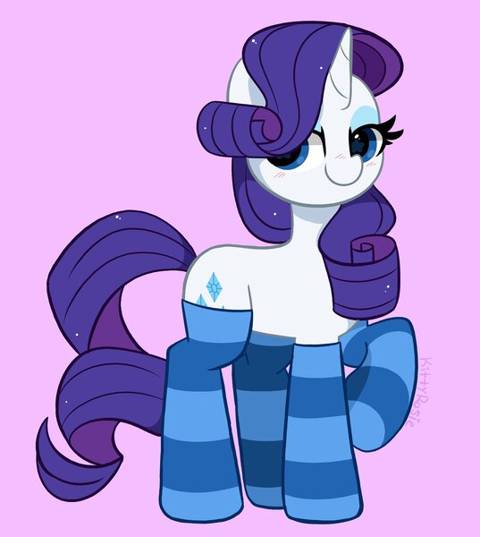 Size: 3552x3968 | Tagged: safe, artist:kittyrosie, derpibooru import, rarity, pony, unicorn, blushing, chest fluff, clothes, cute, ear fluff, female, high res, image, jpeg, mare, pink background, raribetes, redraw, simple background, socks, solo, striped socks