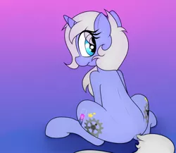 Size: 1500x1300 | Tagged: safe, artist:datte-before-dawn, oc, oc:rain, unofficial characters only, pony, unicorn, both cutie marks, dock, eye clipping through hair, gradient background, horn, image, jpeg, looking back, sitting, solo, unicorn oc