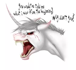 Size: 2255x2105 | Tagged: safe, artist:eperyton, derpibooru import, oc, unofficial characters only, pony, unicorn, angry, black sclera, blood, crying, fangs, horn, image, jpeg, male, open mouth, simple background, solo, stallion, talking, tears of blood, unicorn oc, white background