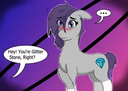 Size: 2405x1711 | Tagged: safe, alternate version, artist:autumnsfurart, derpibooru import, oc, oc:glitter stone, unofficial characters only, earth pony, pony, ..., abstract background, blushing, colored, dialogue, earth pony oc, female, image, mare, offscreen character, png, solo