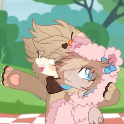 Size: 1080x1080 | Tagged: safe, artist:fluffponee, derpibooru import, oc, unofficial characters only, pegasus, pony, bow, clothes, costume, duo, eye clipping through hair, female, hair bow, image, jpeg, male, mare, open mouth, outdoors, paws, pegasus oc, picnic blanket, side hug, smiling, stallion, underpaw, wings, x x everywhere