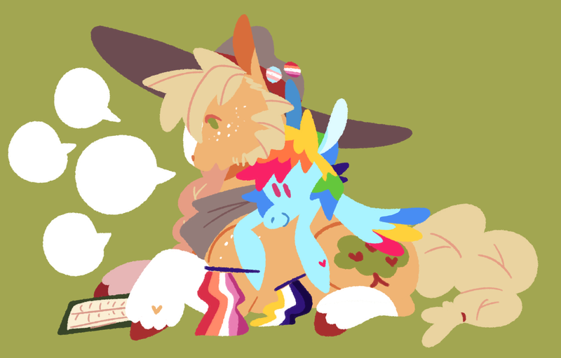 Size: 2532x1617 | Tagged: artist needed, source needed, safe, artist:babypaste, derpibooru import, applejack, rainbow dash, earth pony, pegasus, pony, appledash, book, colored wings, female, freckles, green background, hat, image, lesbian, lineless, mare, mouthpiece, multicolored wings, png, politics, pride flag, rainbow wings, shipping, simple background, size difference, speech bubble, unshorn fetlocks, wings
