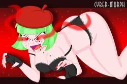Size: 2177x1454 | Tagged: semi-grimdark, suggestive, artist:cyber-murph, derpibooru import, drama letter, watermelody, vampire, equestria girls, art challenge, ass, beret, blood, blood stains, bra, breasts, busty watermelody, butt, cleavage, clothes, collaboration, erect nipples, fangs, gloves, glowing eyes, hat, hot, image, panties, png, redraw, sexy, signature, underwear