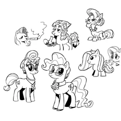 Size: 1600x1600 | Tagged: safe, artist:mellodillo, derpibooru import, fluttershy, mayor mare, phyllis cloverleaf, tree hugger, earth pony, pegasus, pony, black and white, bong, drugs, female, flutterhigh, g5, grayscale, high, image, lying down, mare, marijuana, monochrome, png, prone, simple background, smoking, white background