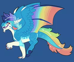 Size: 2600x2200 | Tagged: safe, artist:loryska, derpibooru import, oc, dracony, dragon, hybrid, blue background, colored wings, image, male, multicolored wings, parents:emberdash, png, rainbow wings, simple background, solo, wings