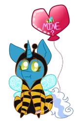 Size: 1750x2850 | Tagged: safe, artist:evelyncat, derpibooru import, oc, oc:fleurbelle, alicorn, pony, alicorn oc, animal costume, balloon, bee costume, clothes, costume, cute, female, horn, image, mare, ocbetes, png, simple background, transparent background, wings, yellow eyes