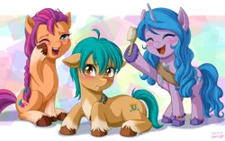 Size: 1280x805 | Tagged: safe, artist:uotapo, derpibooru import, hitch trailblazer, izzy moonbow, sunny starscout, earth pony, pony, unicorn, abstract background, blaze (coat marking), blushing, bracelet, braid, brush, cloven hooves, coat markings, crying, cute, cutie mark, eyes closed, facial markings, female, floppy ears, g5, hitchbetes, hoof fluff, image, izzybetes, jewelry, jpeg, laughing, loose hair, makeup, male, mare, one eye closed, open mouth, pale belly, sash, sitting, socks (coat marking), stallion, sunnybetes, tears of joy, trio, trio female, unshorn fetlocks